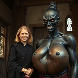Inside a medieval room, a very happy 19-year-old skinny blonde woman with medium-length hair and a thick gold bracelet is wearing a long noble Buddhist cloak that is completely closed