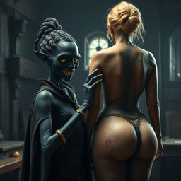 In a medieval room, a wicked and malevolent black woman, emaciated and around 30 years old, with completely black skin and a very short stature