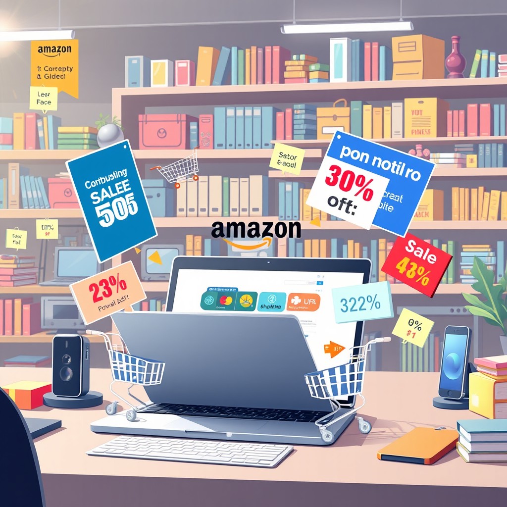 A dynamic and engaging digital illustration showcasing the concept of online shopping and sales on Amazon