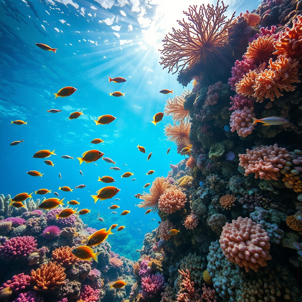 A vibrant underwater coral reef scene, showcasing an abundance of colorful corals and marine life swimming gracefully amongst them