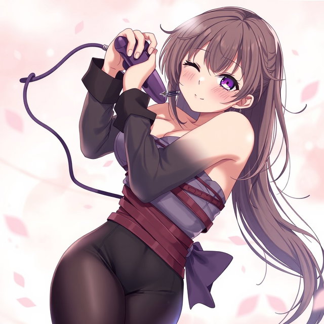 An anime girl bound and restrained while playfully interacting with a vibrator in a suggestive context