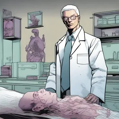 In the comic book series, the forensic scientist conducts a necropsy on a superhero to investigate the impact of a rare disease on their body.