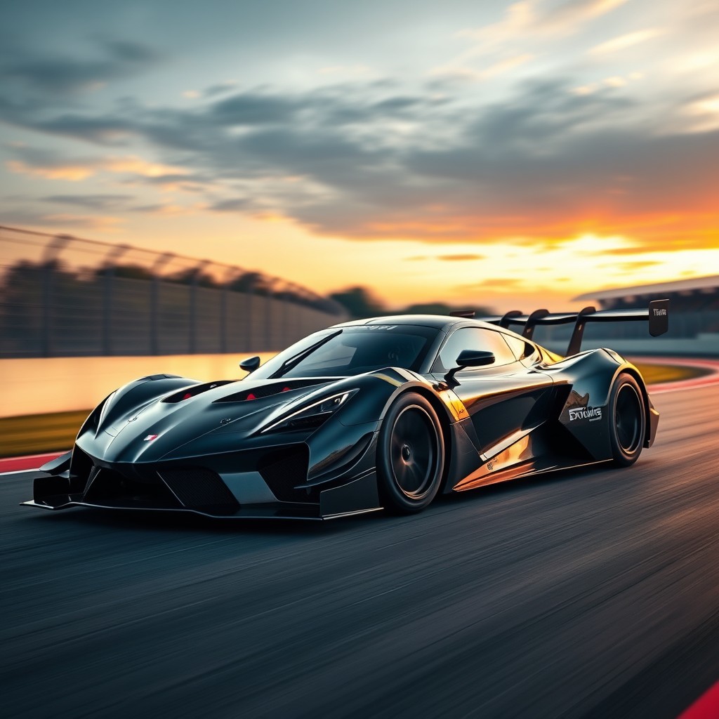 A stunning, modern Group C race car with an aggressive and aerodynamic design, featuring a sleek black finish that highlights its sharp lines and contours