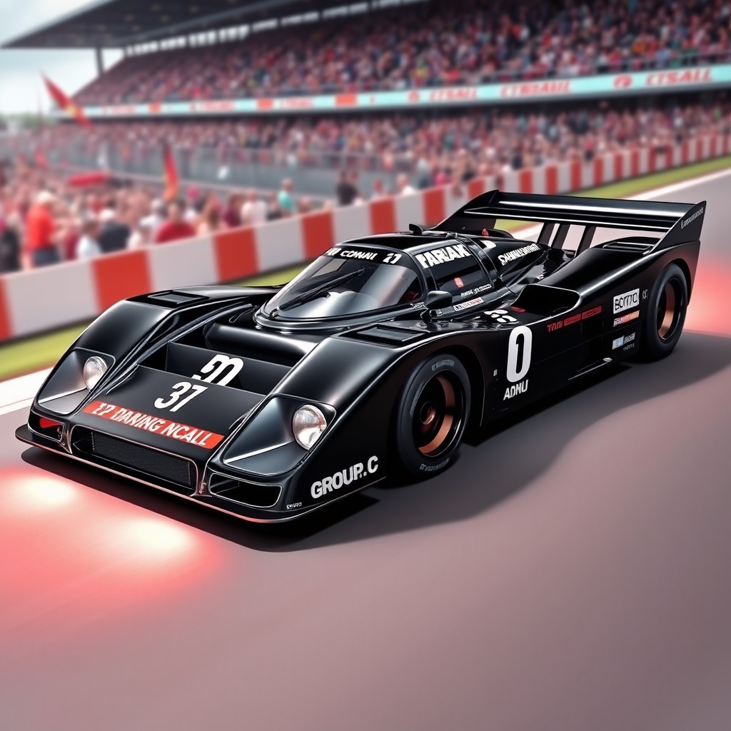 A classic Group C race car with a striking black exterior, featuring a robust and aerodynamic design that reflects its racing pedigree