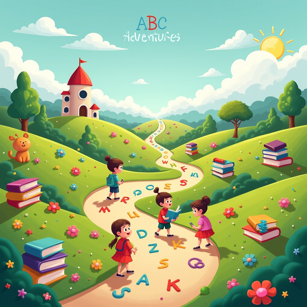 An imaginative and vibrant educational scene illustrating a magical landscape called 'ABC Adventures', filled with colorful letters and charming characters, where children embark on a whimsical journey toward reading
