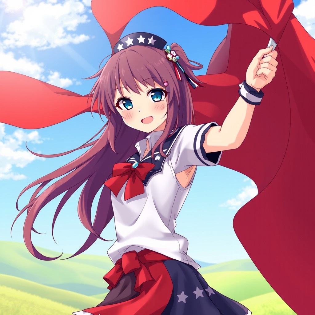 An anime-style illustration of a patriotic girl proudly holding a large red flag