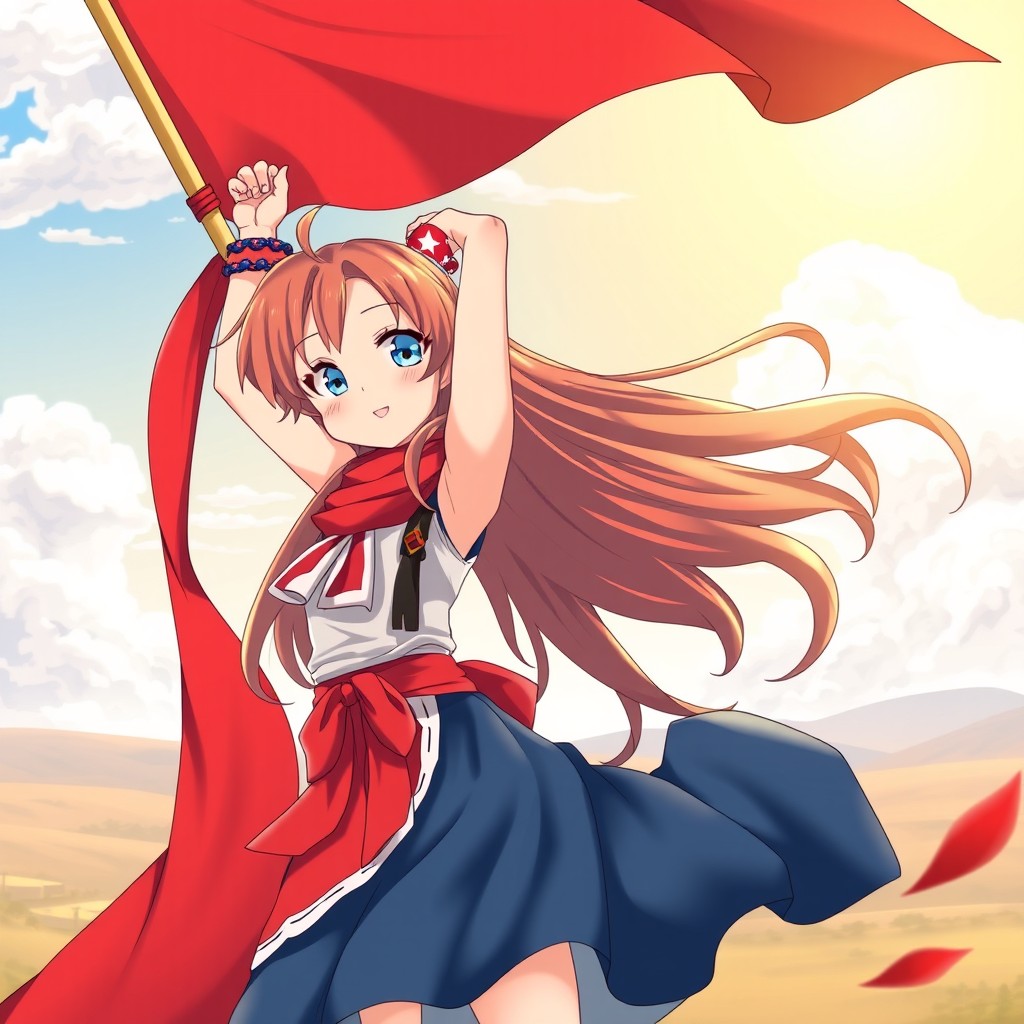An anime-style illustration of a patriotic girl confidently standing while holding a large red flag high above her head