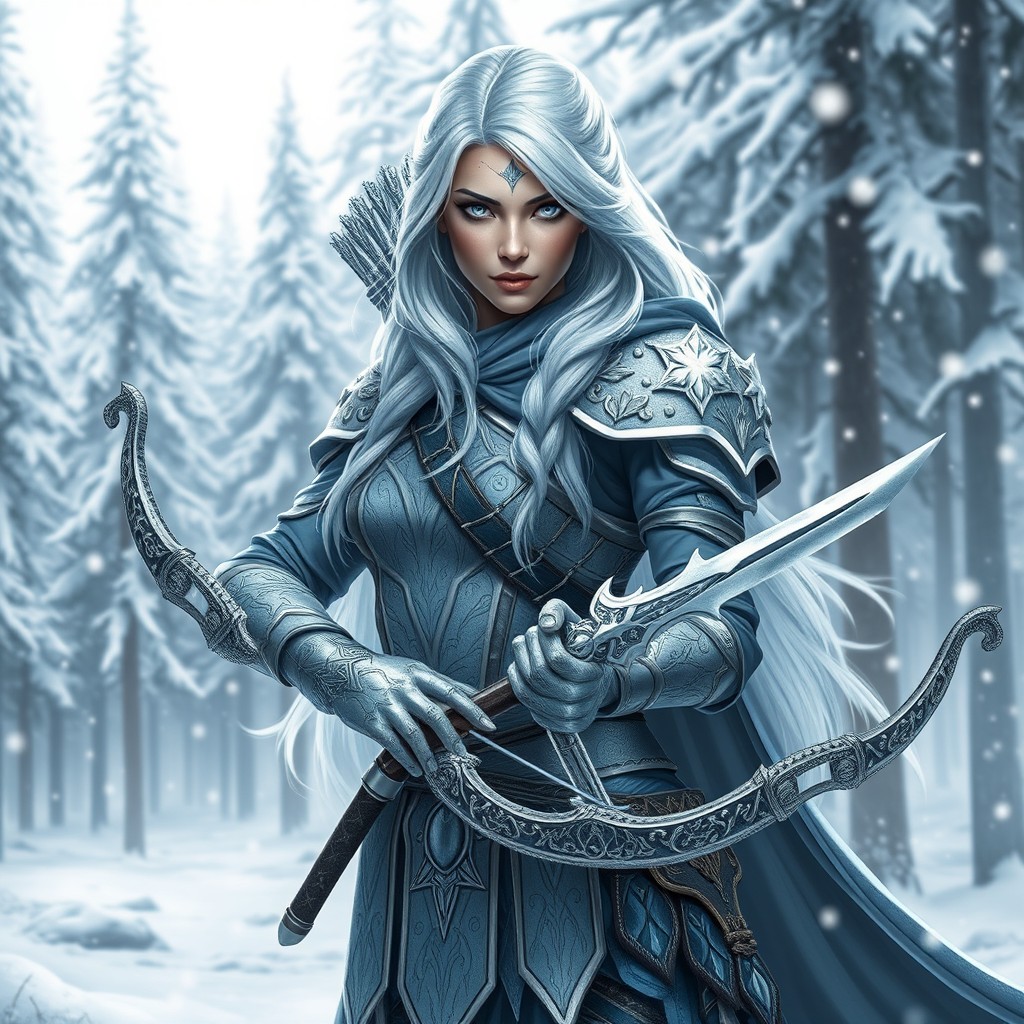 A beautiful Eladrin female warrior, representing the essence of winter, stands confidently in a tranquil snowy landscape