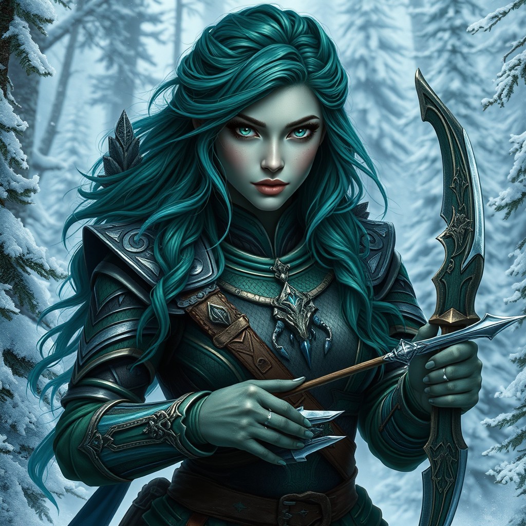 A striking Eladrin female warrior embodies the spirit of winter, standing amidst a frosty landscape