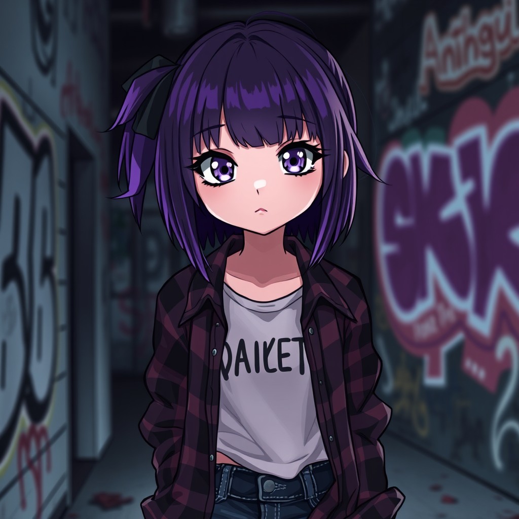 An emo-style young anime girl with flat chest, featuring vibrant dyed hair in shades of purple and black