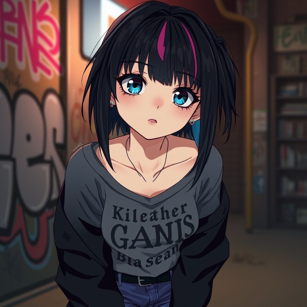 A youthful, flat-chested anime girl embodying an emo aesthetic, featuring large expressive eyes, dyed black hair with colorful streaks, and stylishly layered outfits with band tees and skinny jeans