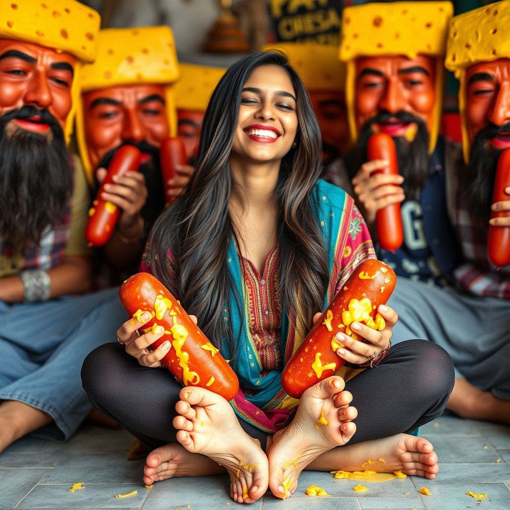 A hot Pakistani girl, 18 years old, sitting criss cross, smiling with her eyes closed