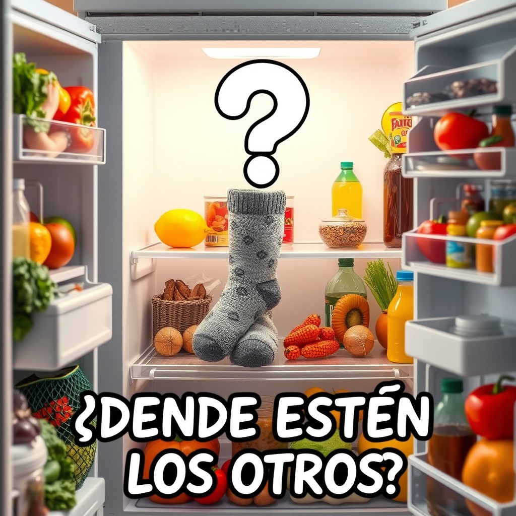 An amusing scene featuring a single sock placed inside an open refrigerator, surrounded by various food items like vegetables, drinks, and leftovers