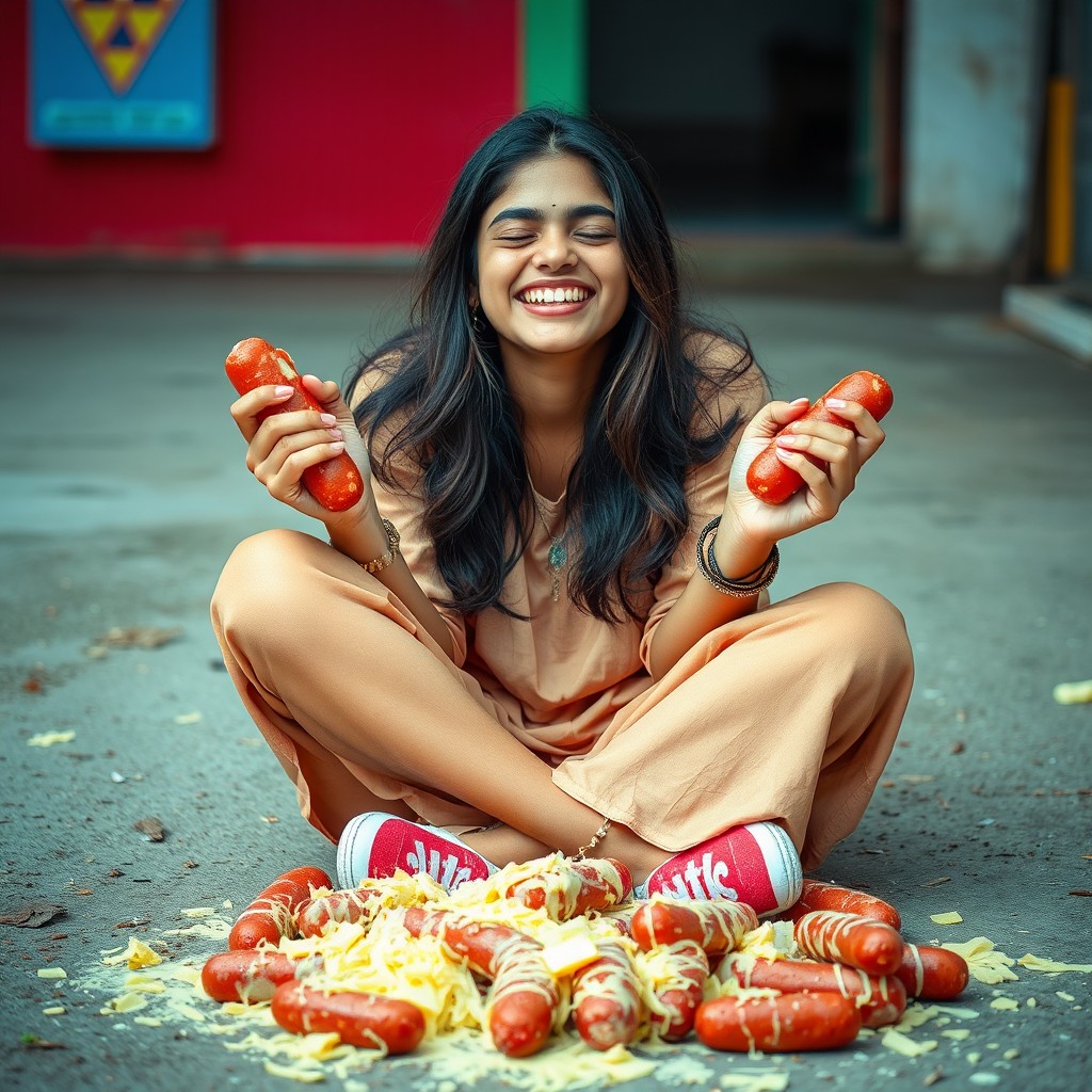 A hot Pakistani girl, 18 years old, sitting criss-cross on the ground with a joyful smile and her eyes closed