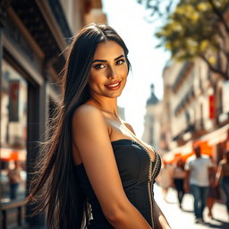 A gorgeous Argentinian woman with long, flowing black hair and captivating brown eyes, dressed in an elegant, form-fitting traditional dress that showcases her curves