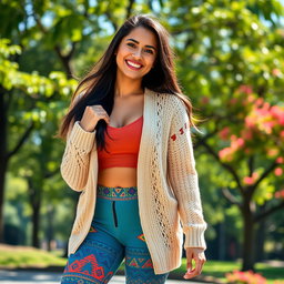 A stunning Colombian woman wearing stylish leggings and a fashionable cardigan, smiling broadly with joy