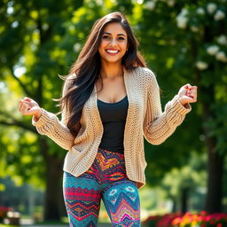 A stunning Colombian woman wearing stylish leggings and a fashionable cardigan, smiling broadly with joy