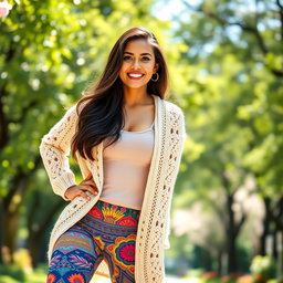 A stunning Colombian woman wearing stylish leggings and a fashionable cardigan, smiling broadly with joy