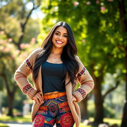 A stunning Colombian woman wearing stylish leggings and a fashionable cardigan, smiling broadly with joy