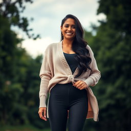 A gorgeous Colombian woman wearing stylish leggings and a cozy cardigan, standing outdoors with a radiant smile on her face