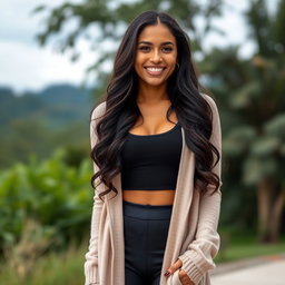 A gorgeous Colombian woman wearing stylish leggings and a cozy cardigan, standing outdoors with a radiant smile on her face