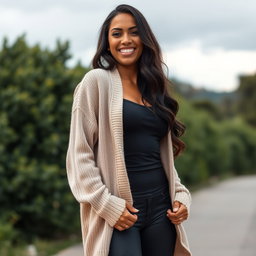 A gorgeous Colombian woman wearing stylish leggings and a cozy cardigan, standing outdoors with a radiant smile on her face