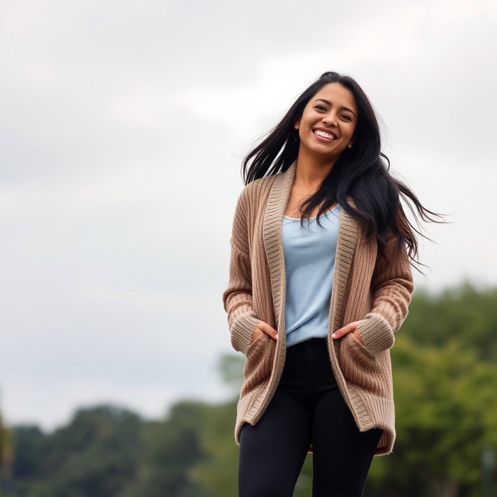 A gorgeous Colombian woman wearing stylish leggings and a cozy cardigan, smiling brightly while standing outdoors on a cloudy day