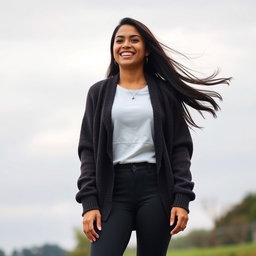A gorgeous Colombian woman wearing stylish leggings and a cozy cardigan, smiling brightly while standing outdoors on a cloudy day