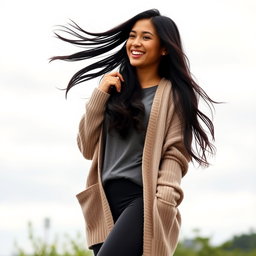 A gorgeous Colombian woman wearing stylish leggings and a cozy cardigan, smiling brightly while standing outdoors on a cloudy day