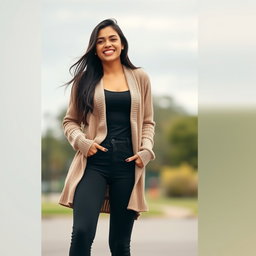 A gorgeous Colombian woman wearing stylish leggings and a cozy cardigan, smiling brightly while standing outdoors on a cloudy day
