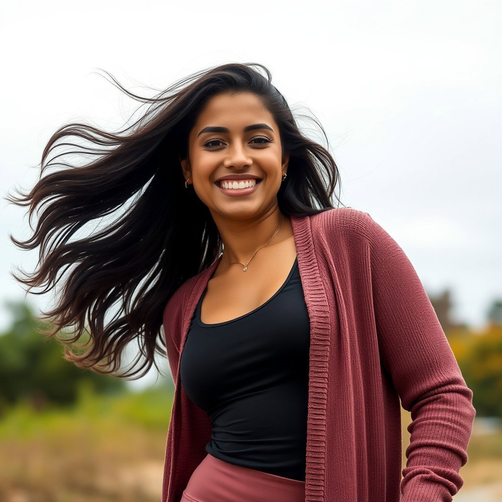 A gorgeous Colombian woman wearing form-fitting spandex and a stylish cardigan, smiling joyfully while posing outdoors on a cloudy day