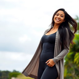A gorgeous Colombian woman wearing form-fitting spandex and a stylish cardigan, smiling joyfully while posing outdoors on a cloudy day