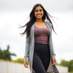 A gorgeous Colombian woman wearing form-fitting spandex and a stylish cardigan, smiling joyfully while posing outdoors on a cloudy day