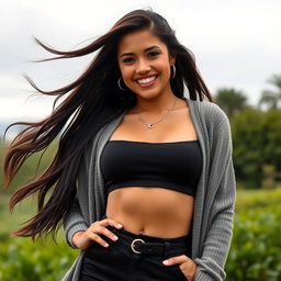 A gorgeous Colombian woman wearing a stylish spandex crop top and a chic cardigan, smiling brightly while posing outdoors on a cloudy day