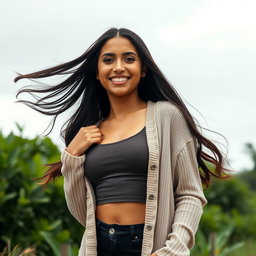 A gorgeous Colombian woman wearing a stylish spandex crop top and a chic cardigan, smiling brightly while posing outdoors on a cloudy day