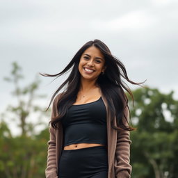 A gorgeous Colombian woman wearing a stylish spandex crop top and a chic cardigan, smiling brightly while posing outdoors on a cloudy day