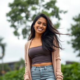 A gorgeous Colombian woman wearing a stylish spandex crop top and a chic cardigan, smiling brightly while posing outdoors on a cloudy day