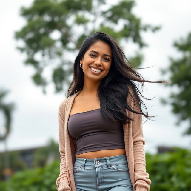 A gorgeous Colombian woman wearing a stylish spandex crop top and a chic cardigan, smiling brightly while posing outdoors on a cloudy day