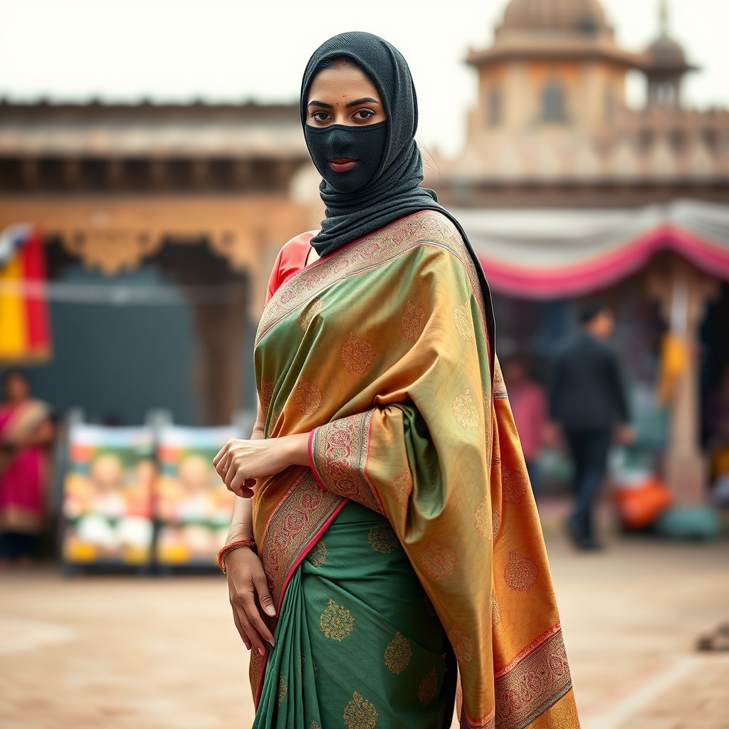 An Indian woman elegantly dressed in a traditional saree that gracefully flows around her, featuring intricate patterns and vivid colors