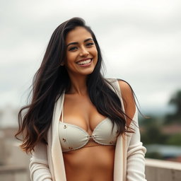 A gorgeous Colombian woman wearing a fashionable bikini with a light cardigan, smiling warmly while standing outdoors on a gloomy day