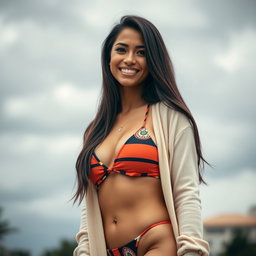A gorgeous Colombian woman wearing a fashionable bikini with a light cardigan, smiling warmly while standing outdoors on a gloomy day
