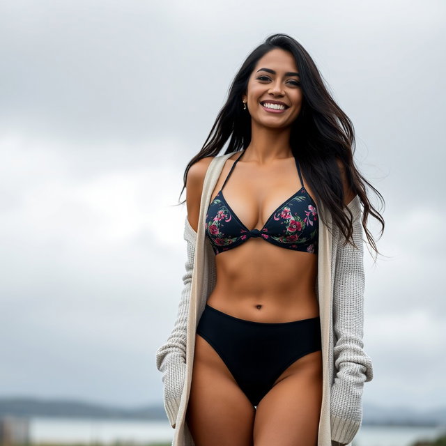 A gorgeous Colombian woman wearing a fashionable bikini with a light cardigan, smiling warmly while standing outdoors on a gloomy day