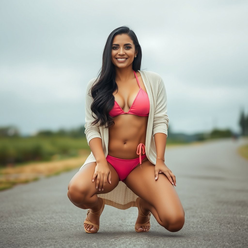 A gorgeous Colombian woman wearing a stylish bikini paired with a light cardigan, smiling beautifully while kneeling outdoors on a gloomy day