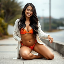A gorgeous Colombian woman wearing a stylish bikini paired with a light cardigan, smiling beautifully while kneeling outdoors on a gloomy day