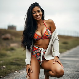 A gorgeous Colombian woman wearing a stylish bikini paired with a light cardigan, smiling beautifully while kneeling outdoors on a gloomy day