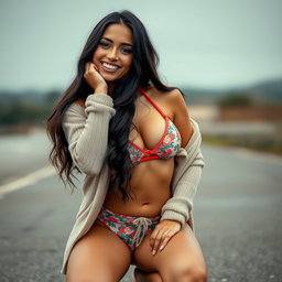 A gorgeous Colombian woman wearing a stylish bikini paired with a light cardigan, smiling beautifully while kneeling outdoors on a gloomy day