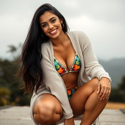 A gorgeous Colombian woman wearing a stylish bikini paired with a light cardigan, smiling cheerfully while squatting outdoors on a gloomy day