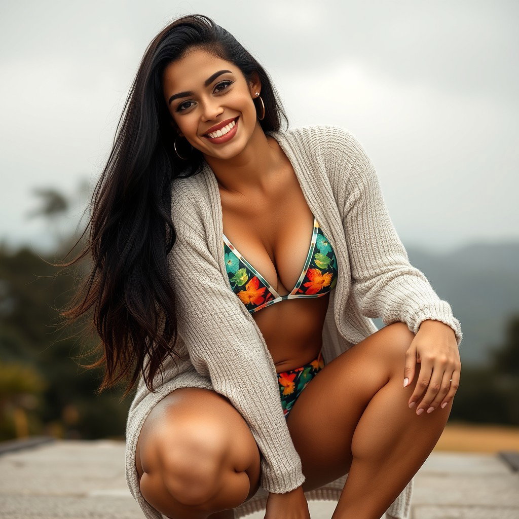 A gorgeous Colombian woman wearing a stylish bikini paired with a light cardigan, smiling cheerfully while squatting outdoors on a gloomy day
