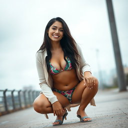 A gorgeous Colombian woman wearing a stylish bikini paired with a light cardigan, smiling cheerfully while squatting outdoors on a gloomy day