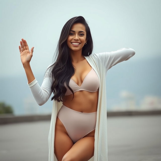 A gorgeous Colombian woman wearing a stylish bikini and a light cardigan, smiling radiantly while performing a yoga pose outdoors on a gloomy day